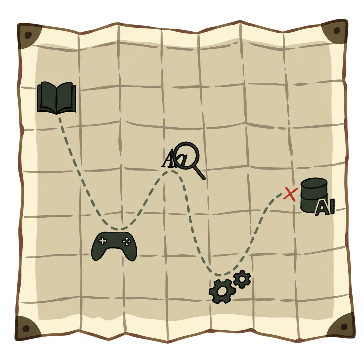 Amogh's folded treasure map with a route connecting books, games, design, engineering, and data and AI