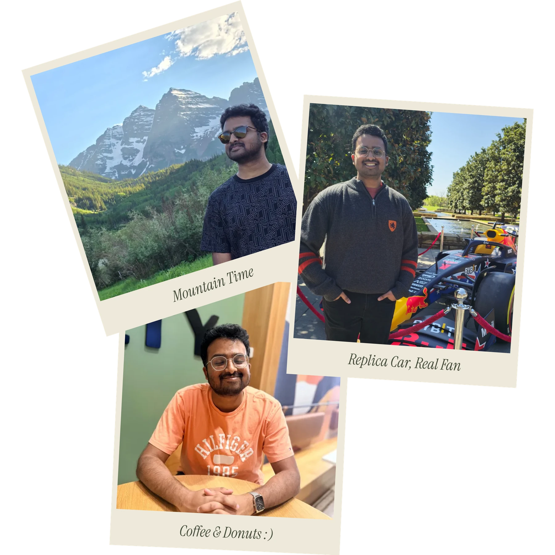 A collage of Amogh at Maroon Bells, beside a replica Formula 1 car, and relaxing at a café