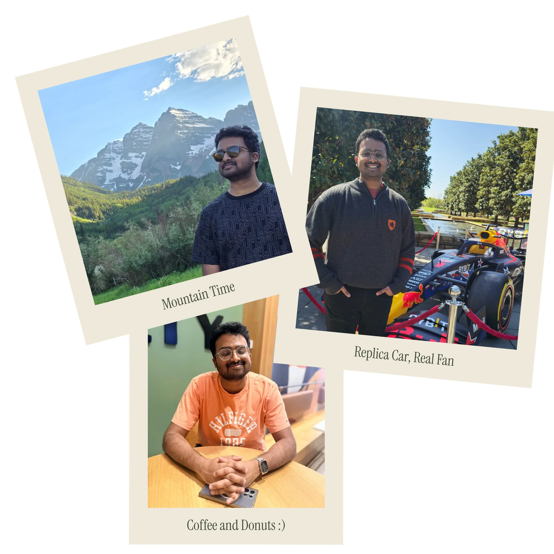 A collage of Amogh at Maroon Bells, beside a replica Formula 1 car, and relaxing at a café
